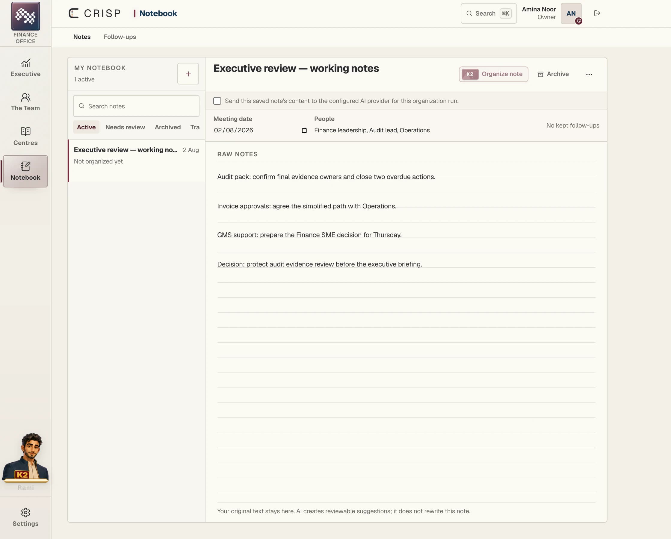 Notebook + K2 product view in CRISP